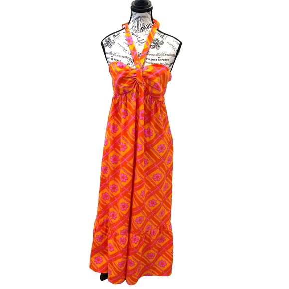 MUMU x Barbie Long Halter Sundress with Ruffle; Orange/Pink/Floral; Size Medium - Picture 1 of 9